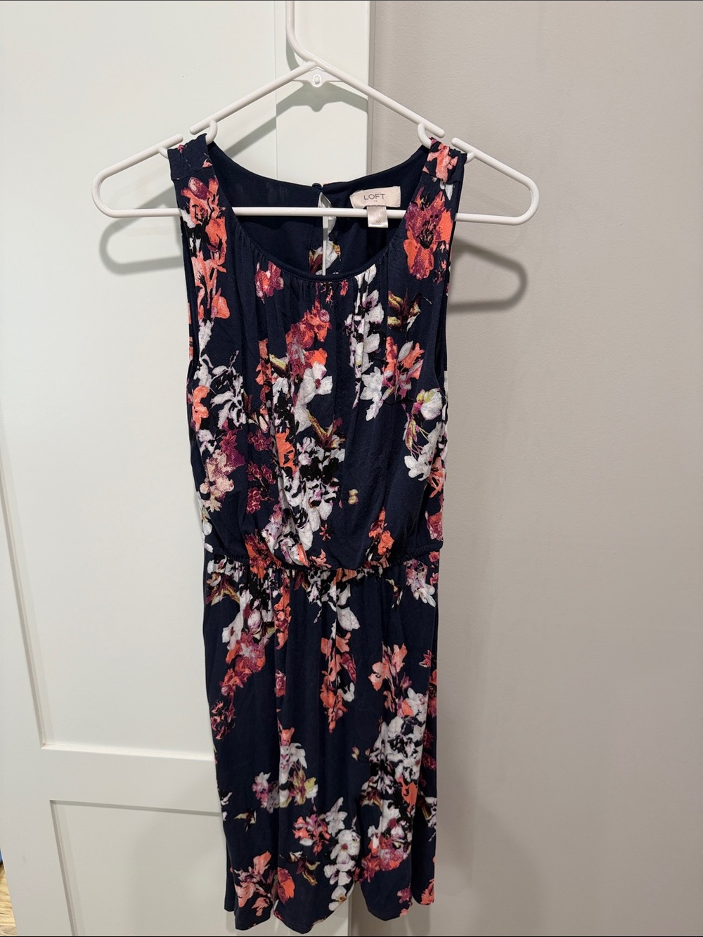 LOFT Navy Floral Sleeveless Dress with Pink & White Blooms